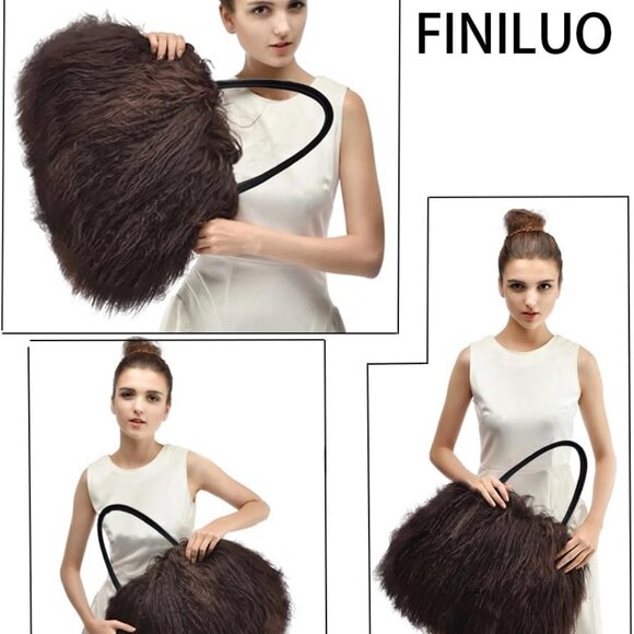 Women Luxury Real Lamb Mongolian Flush Wool Fur With Genuine Leather Handles Han - Picture 3 of 9